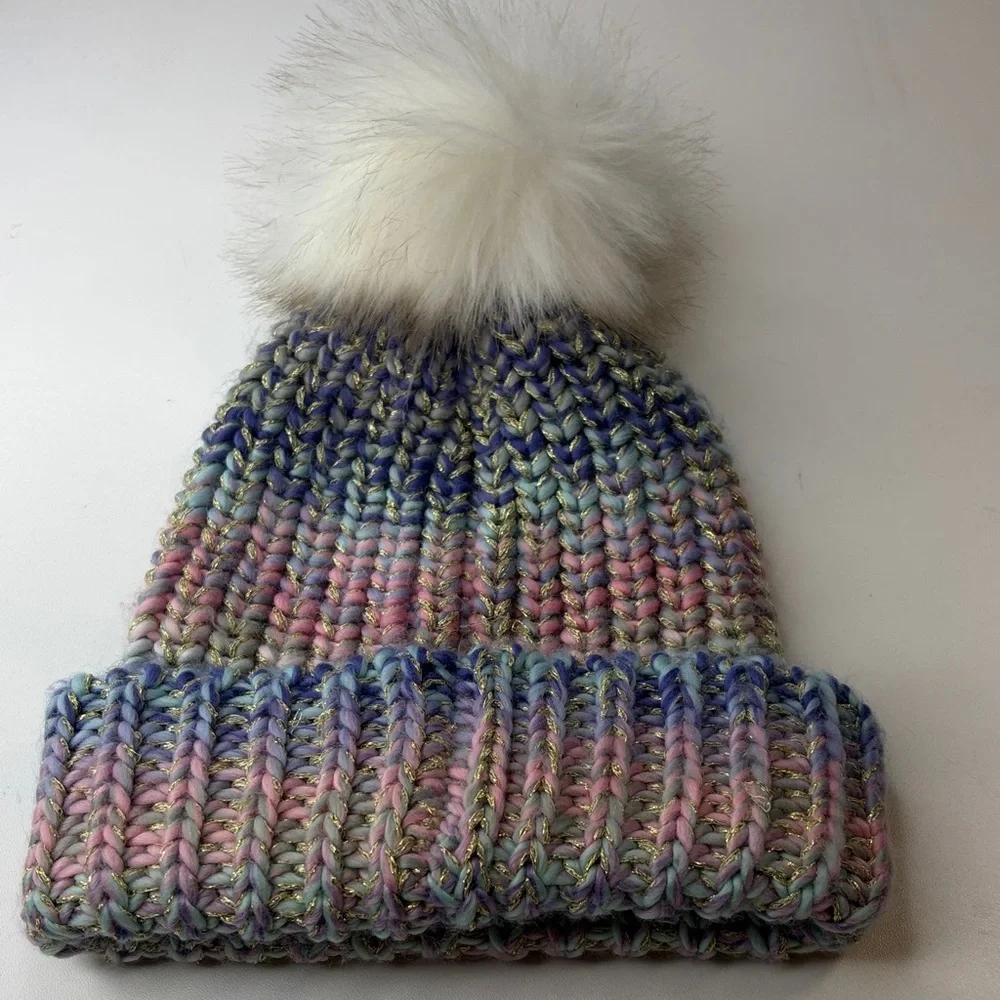 Multicolor Knit Beanie with Pom Pom